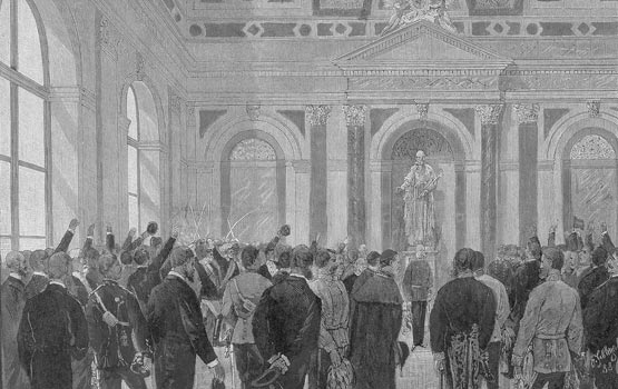 Die feierliche Eröffnung der k.k. technischen Hochschule in Graz am 12. Dezember 1888 durch Kaiser Franz Josef, links hinten 2 Chargierte der Allemannia, 1902 war sie die Burschenschaft mit den meisten Technikern der Monarchie.